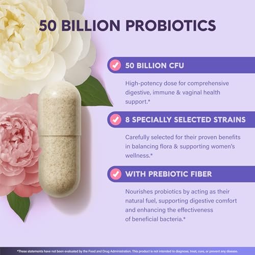 Probiotika für Frauen 50 Milliarden KBE - Vaginale Probiotika klinisch bewiesen für Hefe- & pH-Gleichgewicht - Verdauung & Blähungen Linderung - 8 Stämme + Präbiotika - Verzögerte Freisetzung - Laborgeprüft, 30 Kapseln