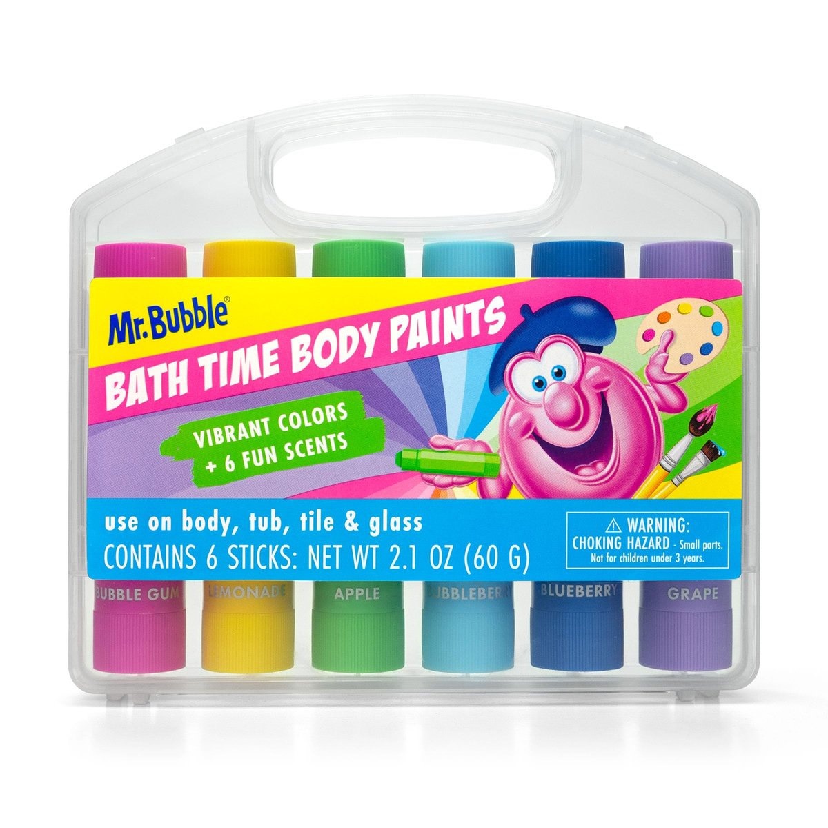 Mr. Bubble Bath Time Body Paints – 6 farben abwaschbare Badestifte mit sanfter, kindersicherer Formel – Lustiges Badezimmer-Kunstset mit duftenden Farben und Trageetui