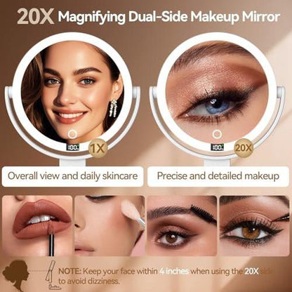Shinowa Makeup Spiegel mit Licht, 20X Wandmontierter Vergrößerungsspiegel, Beidseitiger Schminktischspiegel mit 3 Farbtemperaturen & Helligkeitsanpassung, 360° Drehbarer Aufladbarer Tischspiegel, Reisespiegel