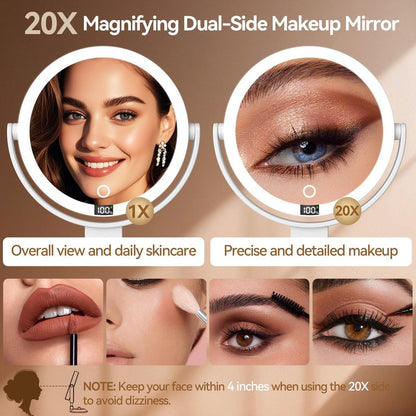 Shinowa Makeup Spiegel mit Licht, 20X Wandmontierter Vergrößerungsspiegel, Beidseitiger Schminktischspiegel mit 3 Farbtemperaturen & Helligkeitsanpassung, 360° Drehbarer Aufladbarer Tischspiegel, Reisespiegel