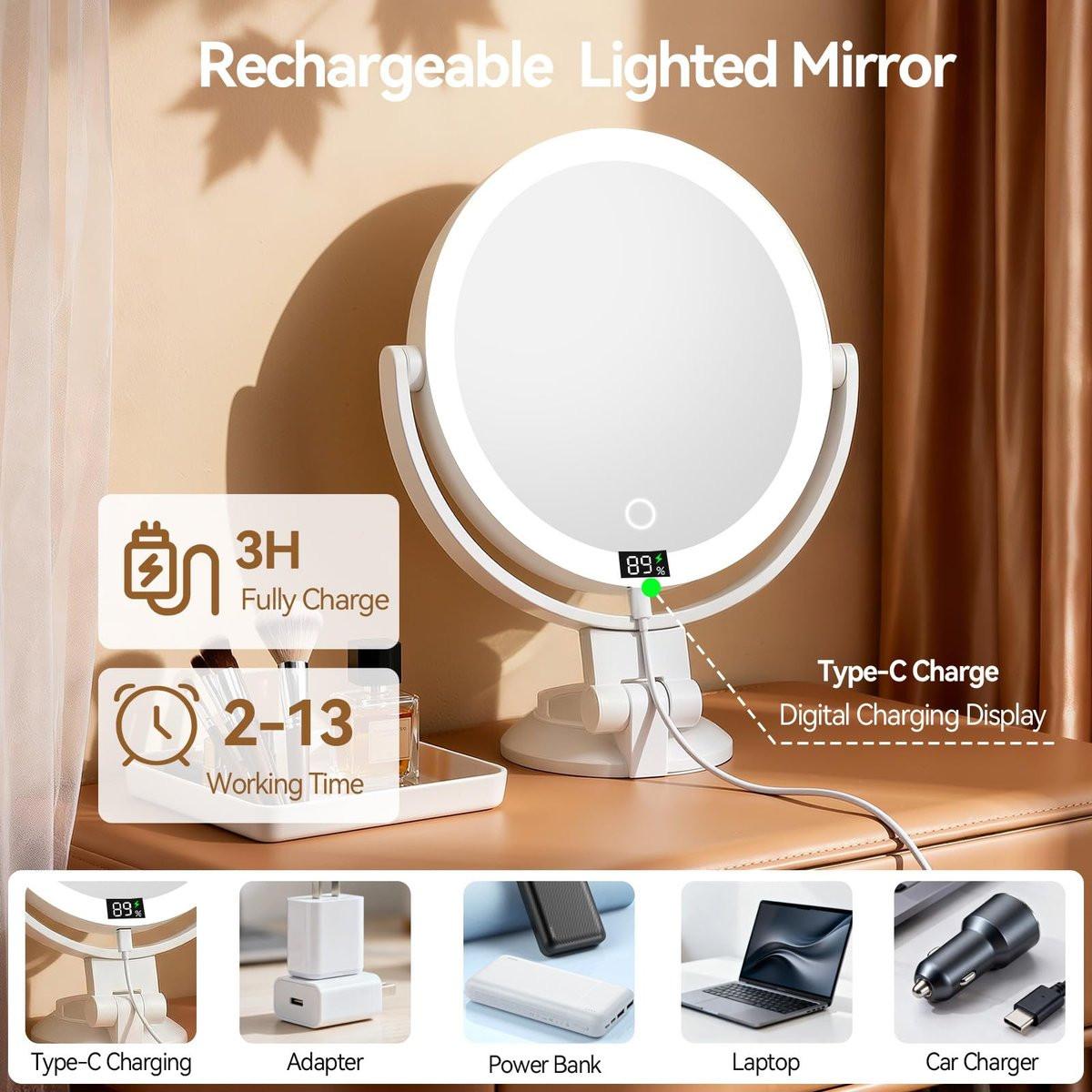 Shinowa Makeup Spiegel mit Licht, 20X Wandmontierter Vergrößerungsspiegel, Beidseitiger Schminktischspiegel mit 3 Farbtemperaturen & Helligkeitsanpassung, 360° Drehbarer Aufladbarer Tischspiegel, Reisespiegel