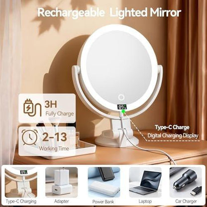 Shinowa Makeup Spiegel mit Licht, 20X Wandmontierter Vergrößerungsspiegel, Beidseitiger Schminktischspiegel mit 3 Farbtemperaturen & Helligkeitsanpassung, 360° Drehbarer Aufladbarer Tischspiegel, Reisespiegel