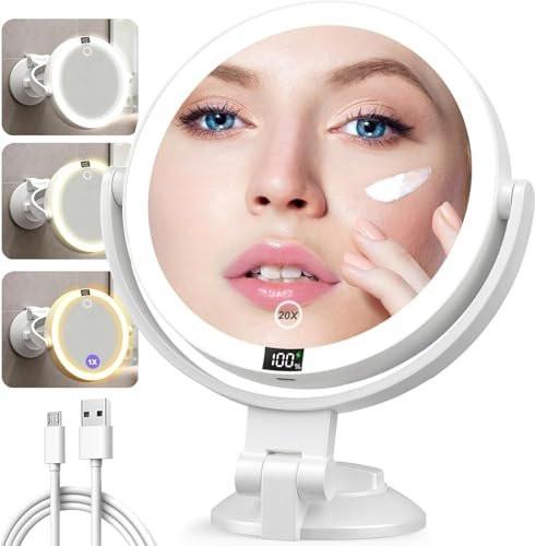 Shinowa Makeup Spiegel mit Licht, 20X Wandmontierter Vergrößerungsspiegel, Beidseitiger Schminktischspiegel mit 3 Farbtemperaturen & Helligkeitsanpassung, 360° Drehbarer Aufladbarer Tischspiegel, Reisespiegel