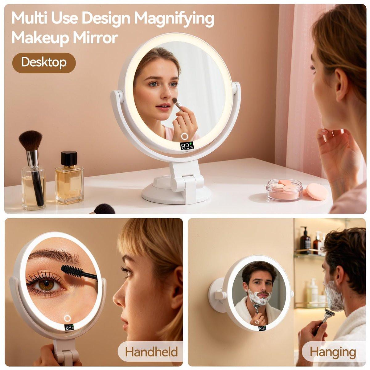 Shinowa Makeup Spiegel mit Licht, 20X Wandmontierter Vergrößerungsspiegel, Beidseitiger Schminktischspiegel mit 3 Farbtemperaturen & Helligkeitsanpassung, 360° Drehbarer Aufladbarer Tischspiegel, Reisespiegel