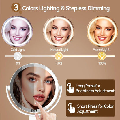 Shinowa Makeup Spiegel mit Licht, 20X Wandmontierter Vergrößerungsspiegel, Beidseitiger Schminktischspiegel mit 3 Farbtemperaturen & Helligkeitsanpassung, 360° Drehbarer Aufladbarer Tischspiegel, Reisespiegel