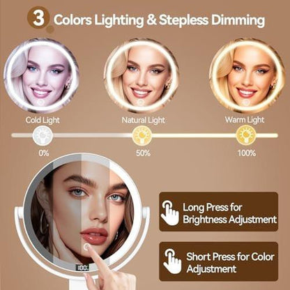 Shinowa Makeup Spiegel mit Licht, 20X Wandmontierter Vergrößerungsspiegel, Beidseitiger Schminktischspiegel mit 3 Farbtemperaturen & Helligkeitsanpassung, 360° Drehbarer Aufladbarer Tischspiegel, Reisespiegel