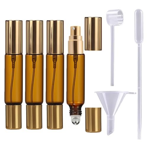 CllyCnny Doppelendiger Parfümflakon mit Rollkugel & Sprühkopf – 4 Stück 10 ml Amber Nachfüllbare auslaufsichere Reisezerstäuber Gesichtspflege mit Trichterwerkzeug für Parfüm, Kölnisch Wasser, Ätherische Öle
