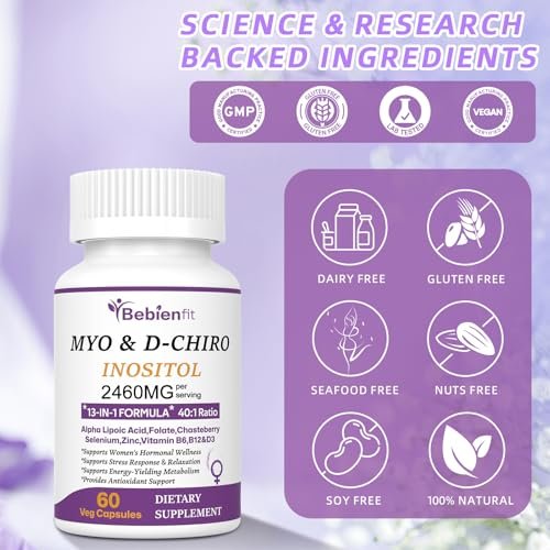Bebien fit 13-in-1 Myo-Inositol & D-Chiro-Inositol für Frauen, 2460 mg – 40:1 Verhältnis mit Alpha-Liponsäure, Folsäure, Mönchspfeffer, Magnesium – 60 vegane Kapseln