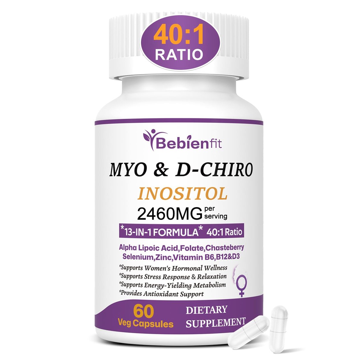 Bebien fit 13-in-1 Myo-Inositol & D-Chiro-Inositol für Frauen, 2460 mg – 40:1 Verhältnis mit Alpha-Liponsäure, Folsäure, Mönchspfeffer, Magnesium – 60 vegane Kapseln