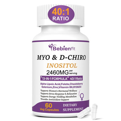 Bebien fit 13-in-1 Myo-Inositol & D-Chiro-Inositol für Frauen, 2460 mg – 40:1 Verhältnis mit Alpha-Liponsäure, Folsäure, Mönchspfeffer, Magnesium – 60 vegane Kapseln