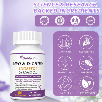 Bebien fit 13-in-1 Myo-Inositol & D-Chiro-Inositol für Frauen, 2460 mg – 40:1 Verhältnis mit Alpha-Liponsäure, Folsäure, Mönchspfeffer, Magnesium – 60 vegane Kapseln