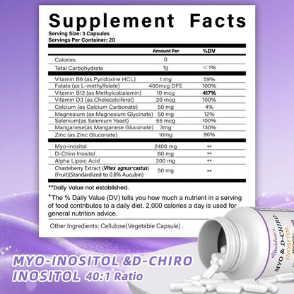 Bebien fit 13-in-1 Myo-Inositol & D-Chiro-Inositol für Frauen, 2460 mg – 40:1 Verhältnis mit Alpha-Liponsäure, Folsäure, Mönchspfeffer, Magnesium – 60 vegane Kapseln