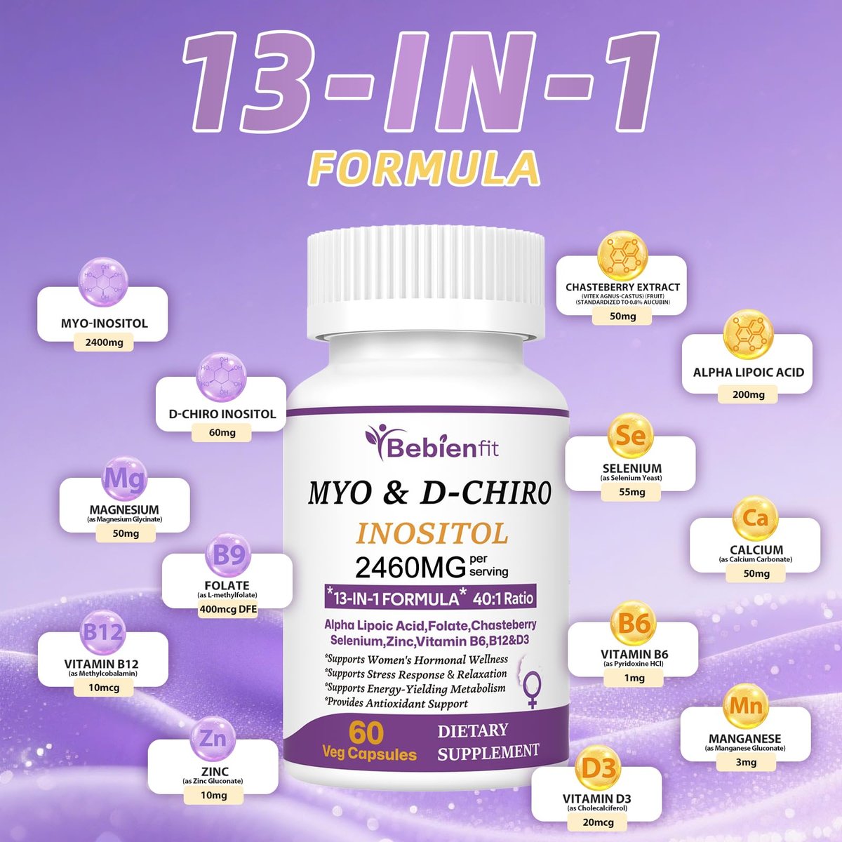 Bebien fit 13-in-1 Myo-Inositol & D-Chiro-Inositol für Frauen, 2460 mg – 40:1 Verhältnis mit Alpha-Liponsäure, Folsäure, Mönchspfeffer, Magnesium – 60 vegane Kapseln