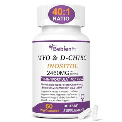 Bebien fit 13-in-1 Myo-Inositol & D-Chiro-Inositol für Frauen, 2460 mg – 40:1 Verhältnis mit Alpha-Liponsäure, Folsäure, Mönchspfeffer, Magnesium – 60 vegane Kapseln