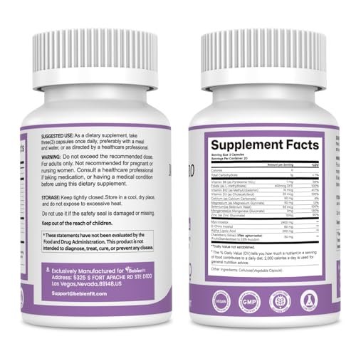 Bebien fit 13-in-1 Myo-Inositol & D-Chiro-Inositol für Frauen, 2460 mg – 40:1 Verhältnis mit Alpha-Liponsäure, Folsäure, Mönchspfeffer, Magnesium – 60 vegane Kapseln