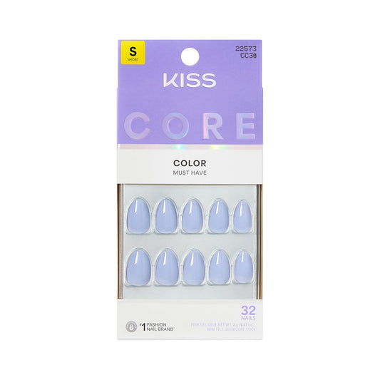 Kiss Core Press On Nägel 'Flee' – Kurze, blaue Nägel im Mandeldesign mit Nagelkleber, 32 Stück