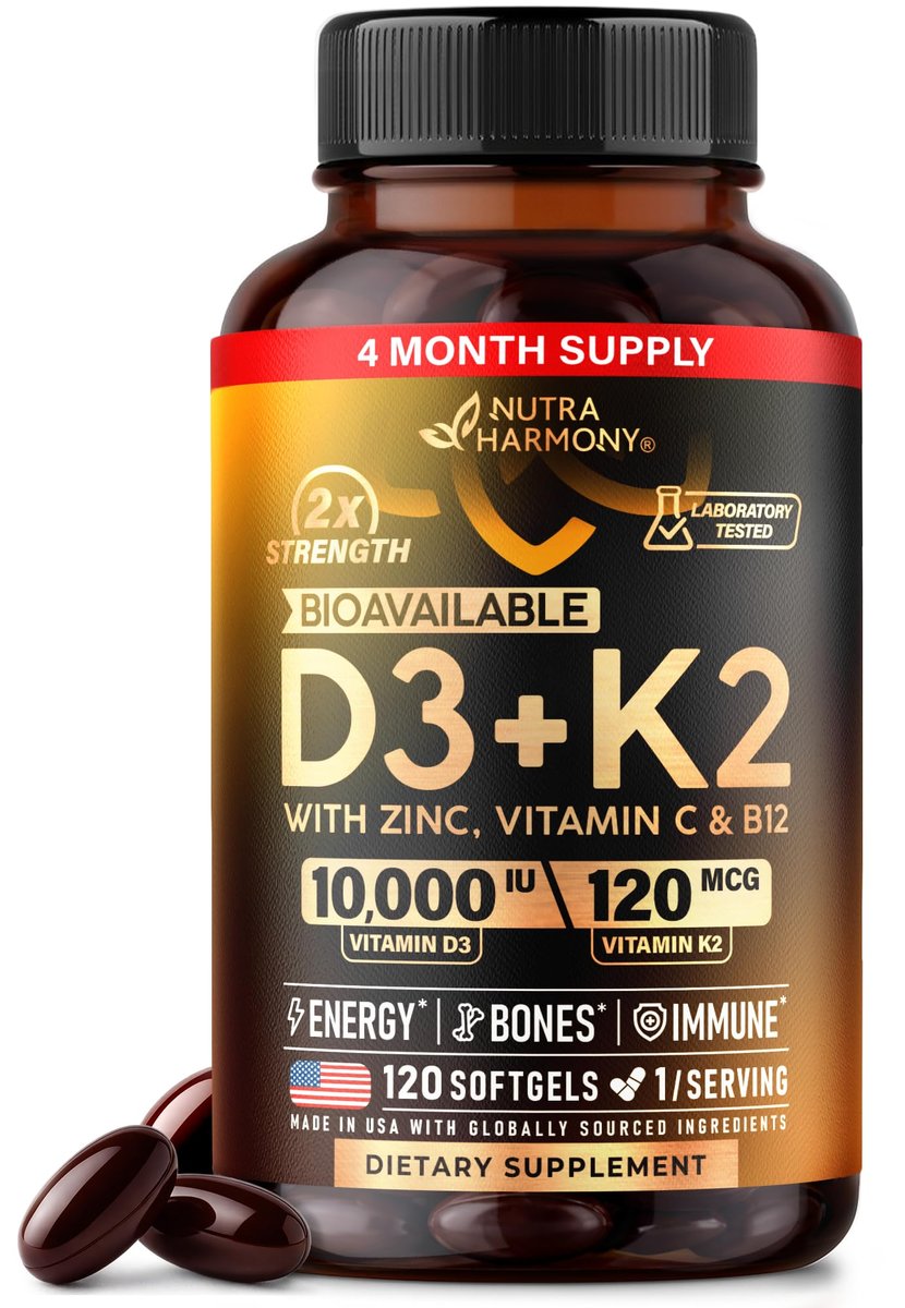 Vitamin D3 K2 – 10.000 IE D3 & 120 µg K2 – Immun- & Stimmungsunterstützung, für Knochen- & Zahngesundheit – mit Zink, Vitamin C & B12 – Hoch bioverfügbar – für Männer & Frauen – 120 Softgels, 120 Tage Vorrat