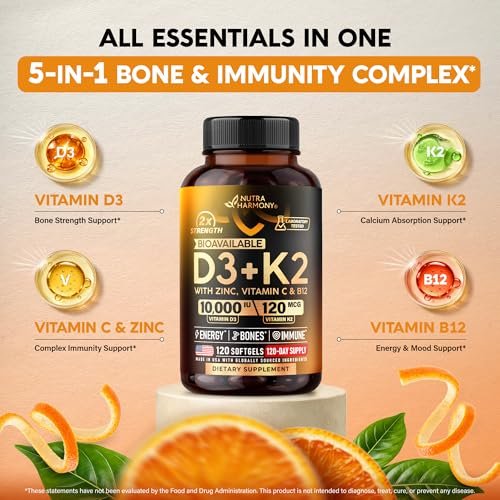 Vitamin D3 K2 – 10.000 IE D3 & 120 µg K2 – Immun- & Stimmungsunterstützung, für Knochen- & Zahngesundheit – mit Zink, Vitamin C & B12 – Hoch bioverfügbar – für Männer & Frauen – 120 Softgels, 120 Tage Vorrat