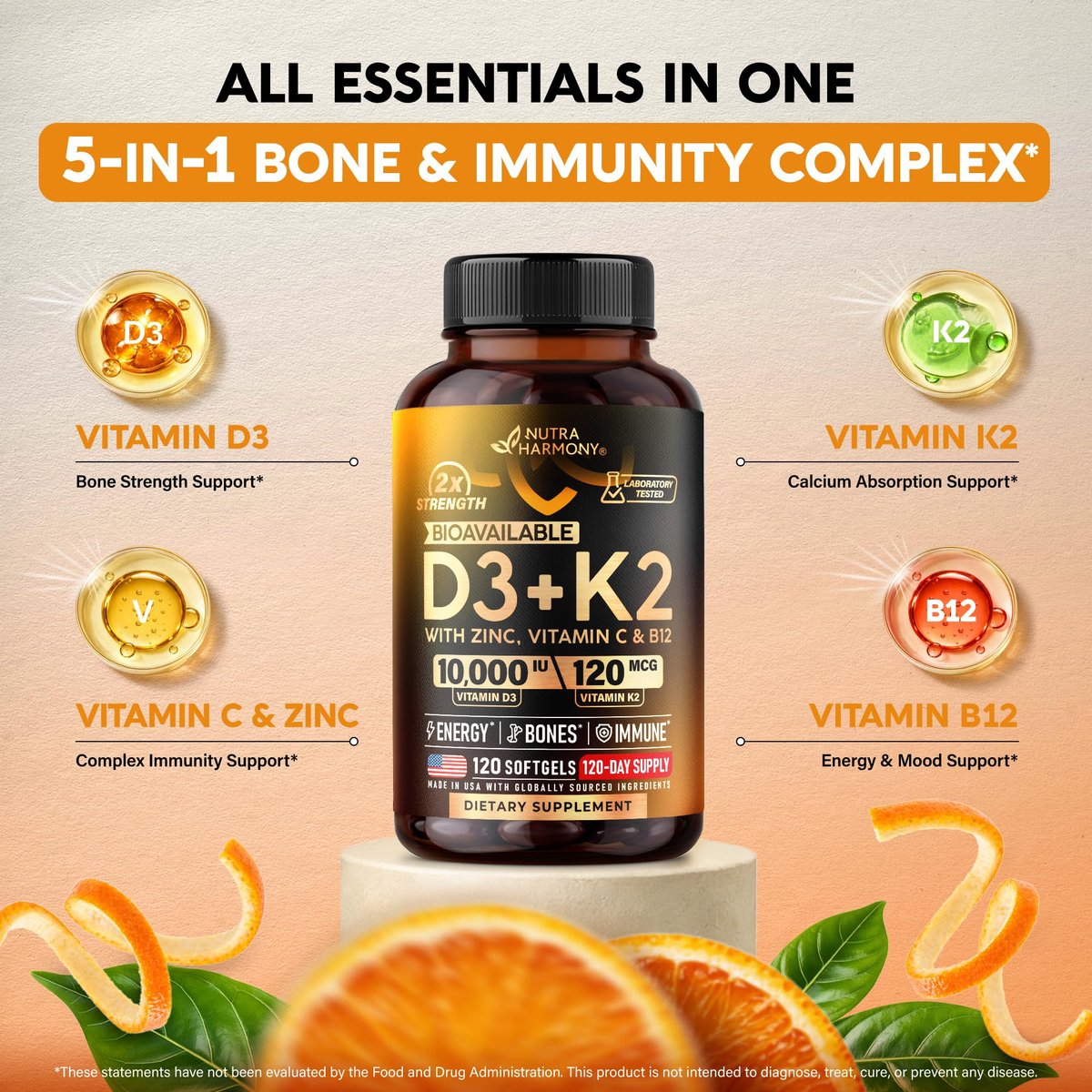 Vitamin D3 K2 – 10.000 IE D3 & 120 µg K2 – Immun- & Stimmungsunterstützung, für Knochen- & Zahngesundheit – mit Zink, Vitamin C & B12 – Hoch bioverfügbar – für Männer & Frauen – 120 Softgels, 120 Tage Vorrat