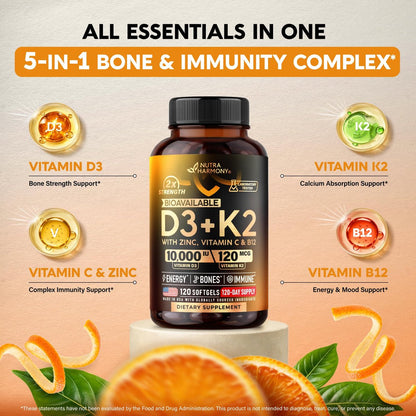 Vitamin D3 K2 – 10.000 IE D3 & 120 µg K2 – Immun- & Stimmungsunterstützung, für Knochen- & Zahngesundheit – mit Zink, Vitamin C & B12 – Hoch bioverfügbar – für Männer & Frauen – 120 Softgels, 120 Tage Vorrat
