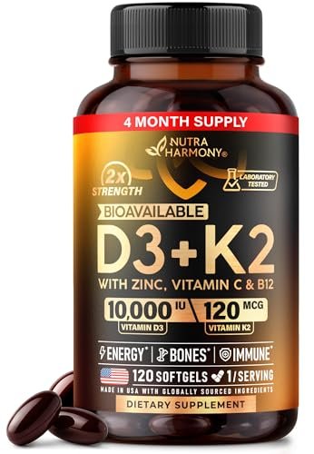 Vitamin D3 K2 – 10.000 IE D3 & 120 µg K2 – Immun- & Stimmungsunterstützung, für Knochen- & Zahngesundheit – mit Zink, Vitamin C & B12 – Hoch bioverfügbar – für Männer & Frauen – 120 Softgels, 120 Tage Vorrat