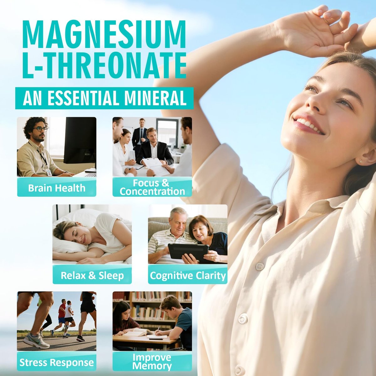 Magnesium L-Threonat 2000mg | 10-in-1 Komplex für Gehirngesundheit & kognitive Unterstützung | Hochabsorbierbare Magnesium-Threonat Kapseln, 60 Stück