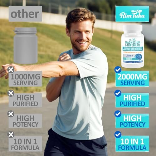 Magnesium L-Threonat 2000mg | 10-in-1 Komplex für Gehirngesundheit & kognitive Unterstützung | Hochabsorbierbare Magnesium-Threonat Kapseln, 60 Stück