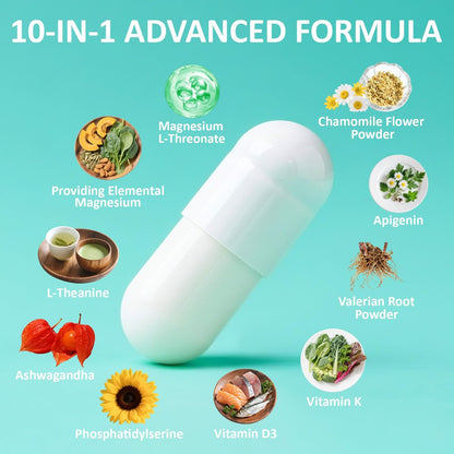 Magnesium L-Threonat 2000mg | 10-in-1 Komplex für Gehirngesundheit & kognitive Unterstützung | Hochabsorbierbare Magnesium-Threonat Kapseln, 60 Stück