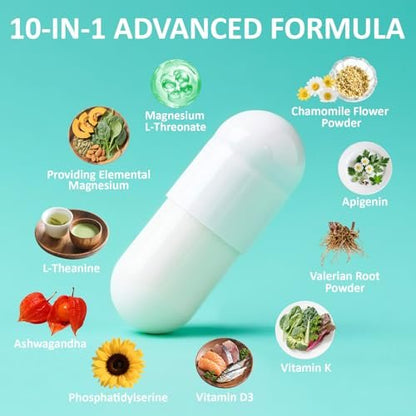 Magnesium L-Threonat 2000mg | 10-in-1 Komplex für Gehirngesundheit & kognitive Unterstützung | Hochabsorbierbare Magnesium-Threonat Kapseln, 60 Stück