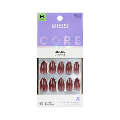 Kiss Core Press-On Nägel 'Pinot Noir' Rot, Medium, Mandelform – 32 Nägel inkl. Kleber, Manikürestab und Mini-Feile