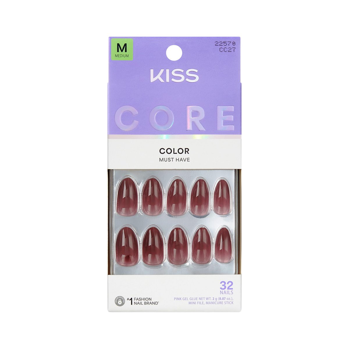 Kiss Core Press-On Nägel 'Pinot Noir' Rot, Medium, Mandelform – 32 Nägel inkl. Kleber, Manikürestab und Mini-Feile