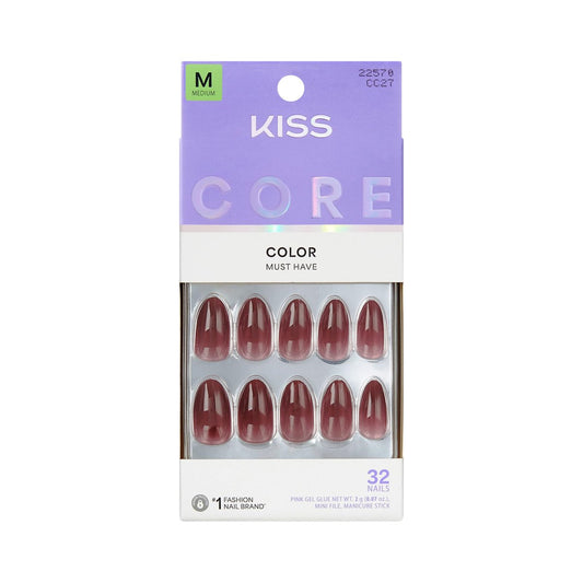 Kiss Core Press-On Nägel 'Pinot Noir' Rot, Medium, Mandelform – 32 Nägel inkl. Kleber, Manikürestab und Mini-Feile