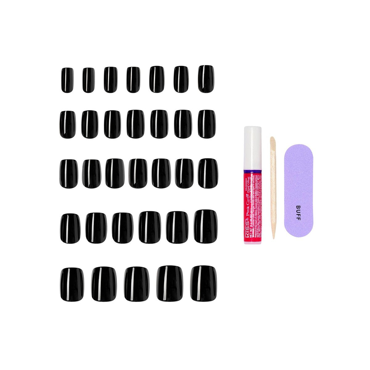 Kiss Core Press On Nails 'Photogenic' – Schwarz, Kurze Länge, Squoval-Form, 32 Nägel + Kleber