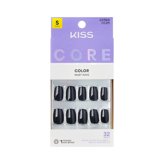 Kiss Core Press On Nails 'Photogenic' – Schwarz, Kurze Länge, Squoval-Form, 32 Nägel + Kleber