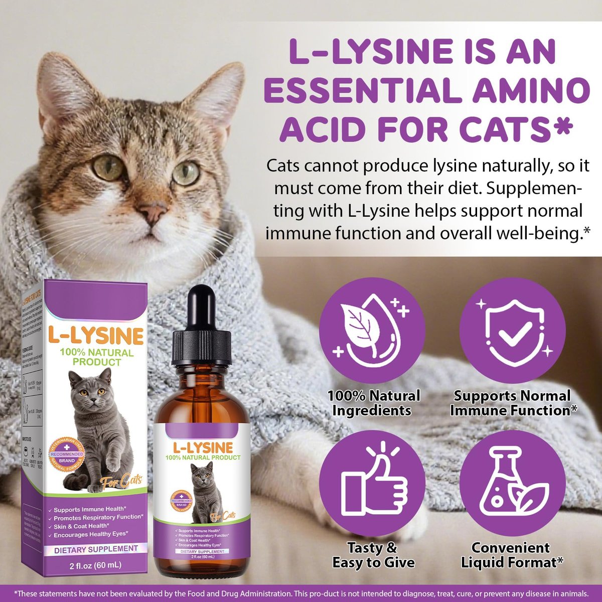 L-Lysin für Katzen – Immun- & Atemwegsunterstützung mit natürlichen Inhaltsstoffen, Hühnchengeschmack, Nahrungsergänzungsmittel für Haut, Fell & Augengesundheit, 60 ml