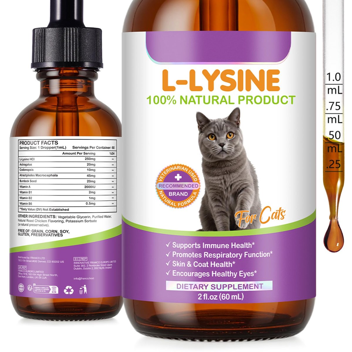 L-Lysin für Katzen – Immun- & Atemwegsunterstützung mit natürlichen Inhaltsstoffen, Hühnchengeschmack, Nahrungsergänzungsmittel für Haut, Fell & Augengesundheit, 60 ml
