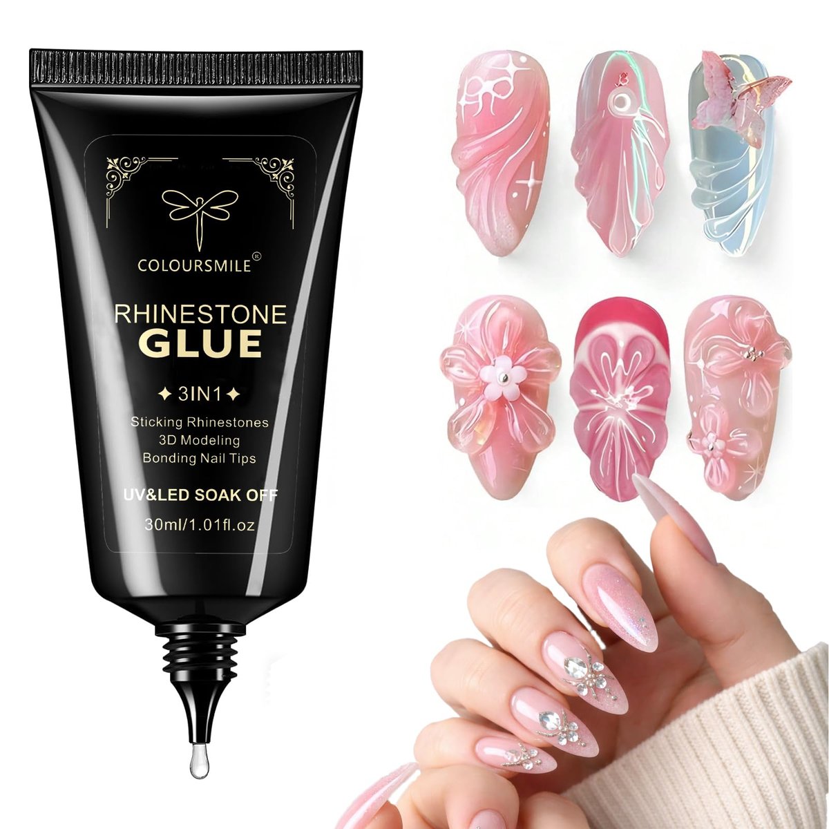 COLOURSMILE 30ML Superstarker Nagelstein-Kleber – UV/LED-Lichthärtender Haftgel für 3D-Nagelkunst, Strasssteine, Diamanten, Charms & Verzierungen | Salon- & DIY-Maniküre-Geschenk