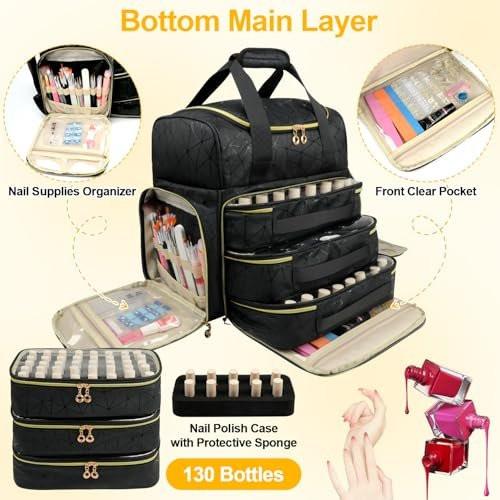 Veirdro Nagellack-Organizer-Rucksack – Hält 130 Flaschen (15 ml) & Nagellampe, extra große Aufbewahrungstasche für Nageltechniker mit 3 herausnehmbaren Taschen, schwarz