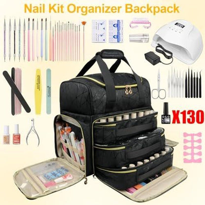 Veirdro Nagellack-Organizer-Rucksack – Hält 130 Flaschen (15 ml) & Nagellampe, extra große Aufbewahrungstasche für Nageltechniker mit 3 herausnehmbaren Taschen, schwarz