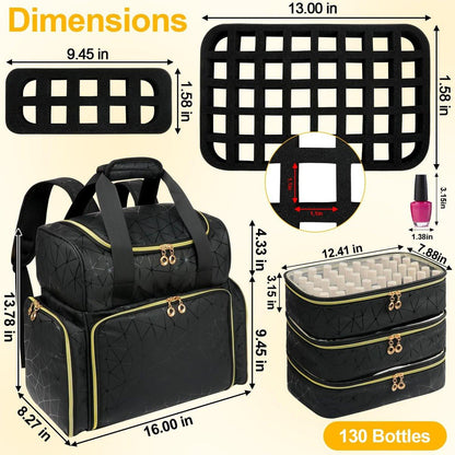 Veirdro Nagellack-Organizer-Rucksack – Hält 130 Flaschen (15 ml) & Nagellampe, extra große Aufbewahrungstasche für Nageltechniker mit 3 herausnehmbaren Taschen, schwarz