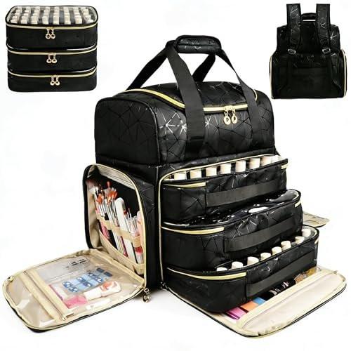 Veirdro Nagellack-Organizer-Rucksack – Hält 130 Flaschen (15 ml) & Nagellampe, extra große Aufbewahrungstasche für Nageltechniker mit 3 herausnehmbaren Taschen, schwarz
