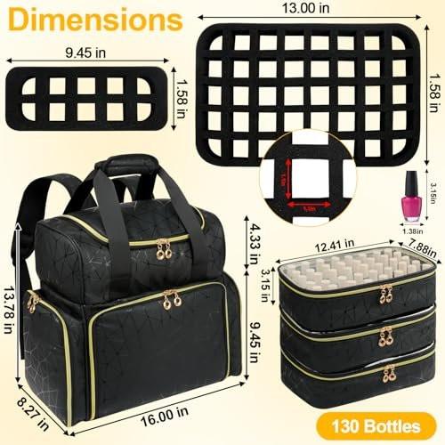 Veirdro Nagellack-Organizer-Rucksack – Hält 130 Flaschen (15 ml) & Nagellampe, extra große Aufbewahrungstasche für Nageltechniker mit 3 herausnehmbaren Taschen, schwarz