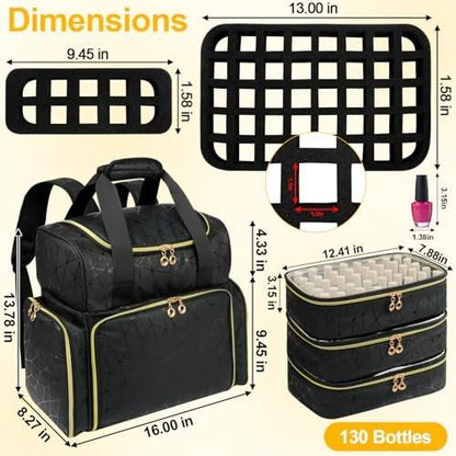 Veirdro Nagellack-Organizer-Rucksack – Hält 130 Flaschen (15 ml) & Nagellampe, extra große Aufbewahrungstasche für Nageltechniker mit 3 herausnehmbaren Taschen, schwarz