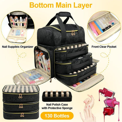 Veirdro Nagellack-Organizer-Rucksack – Hält 130 Flaschen (15 ml) & Nagellampe, extra große Aufbewahrungstasche für Nageltechniker mit 3 herausnehmbaren Taschen, schwarz