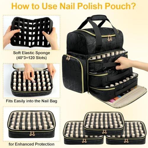 Veirdro Nagellack-Organizer-Rucksack – Hält 130 Flaschen (15 ml) & Nagellampe, extra große Aufbewahrungstasche für Nageltechniker mit 3 herausnehmbaren Taschen, schwarz