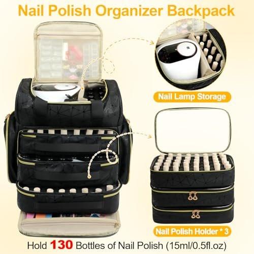 Veirdro Nagellack-Organizer-Rucksack – Hält 130 Flaschen (15 ml) & Nagellampe, extra große Aufbewahrungstasche für Nageltechniker mit 3 herausnehmbaren Taschen, schwarz