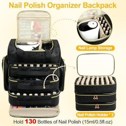 Veirdro Nagellack-Organizer-Rucksack – Hält 130 Flaschen (15 ml) & Nagellampe, extra große Aufbewahrungstasche für Nageltechniker mit 3 herausnehmbaren Taschen, schwarz