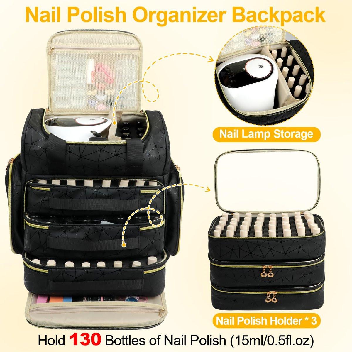 Veirdro Nagellack-Organizer-Rucksack – Hält 130 Flaschen (15 ml) & Nagellampe, extra große Aufbewahrungstasche für Nageltechniker mit 3 herausnehmbaren Taschen, schwarz