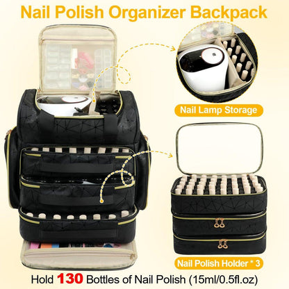 Veirdro Nagellack-Organizer-Rucksack – Hält 130 Flaschen (15 ml) & Nagellampe, extra große Aufbewahrungstasche für Nageltechniker mit 3 herausnehmbaren Taschen, schwarz