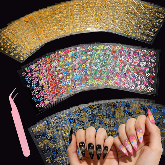 90 Blätter Nagelaufkleber für Nagelkunst DIY, 3D Nagelkunstaufkleber, selbstklebende Blumenmotive für Frauen und Mädchen
